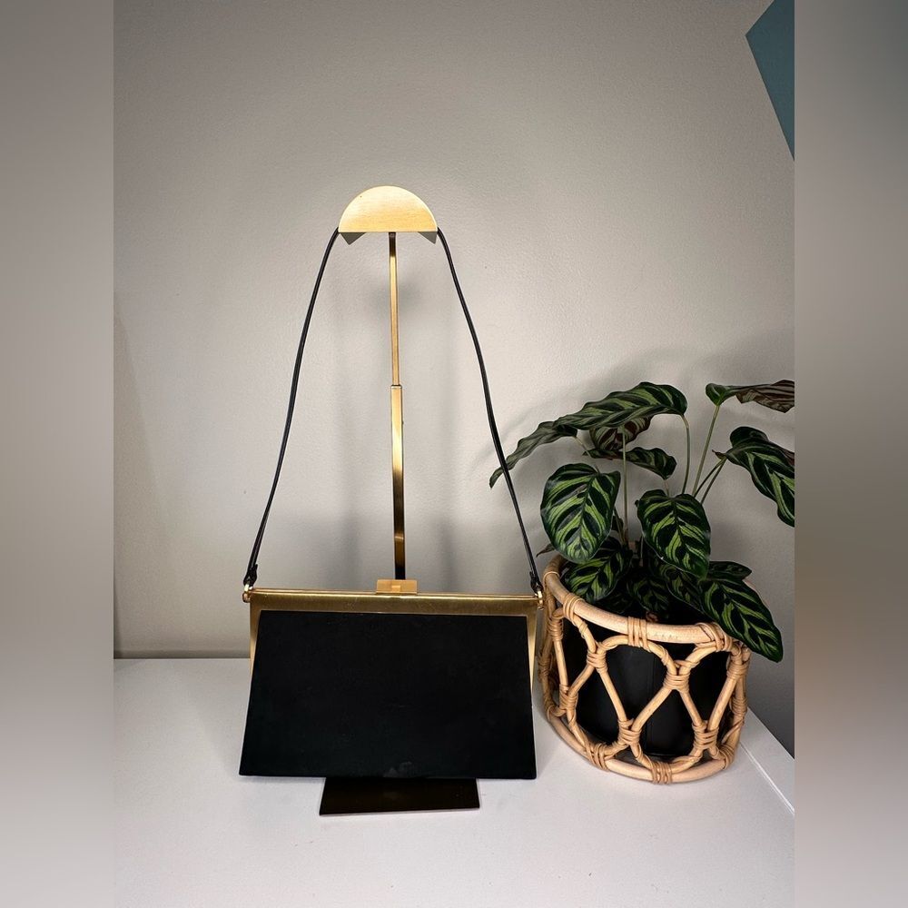 Vintage Charles Jourdan Black Suede Frame Bag Gold Hardware Clutch Leather Strap - Picture 2 of 10